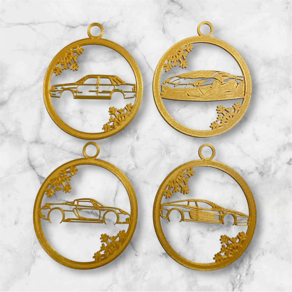 CAR THEMED CHRISTMAS TREE ORNAMENTS, 10 PACK SPORTS, SUPER, CLASSIC & HYPER CARS