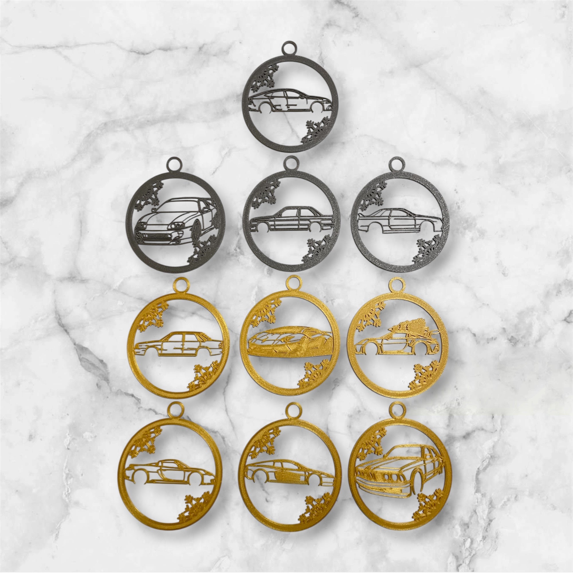 CAR THEMED CHRISTMAS TREE ORNAMENTS, 10 PACK SPORTS, SUPER, CLASSIC & HYPER CARS